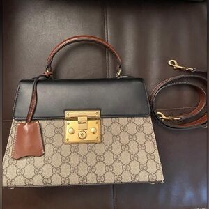 Authentic GUCCI BROWN LEATHER/COATED CANVAS GG SUPREME TOP HANDLE BAG